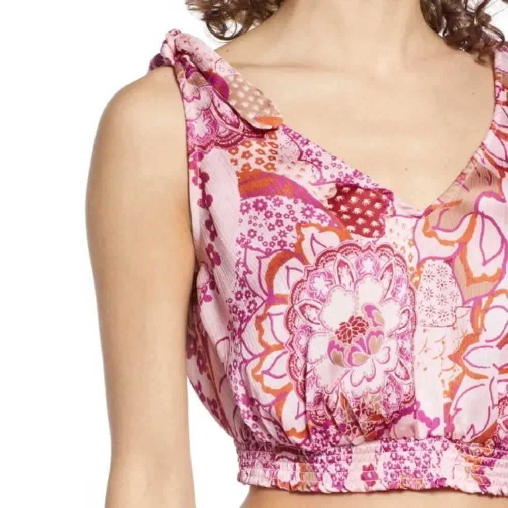 Free People Weekend In Montauk Tank Top Large Smocked Crop Tie Strap NWT Pink